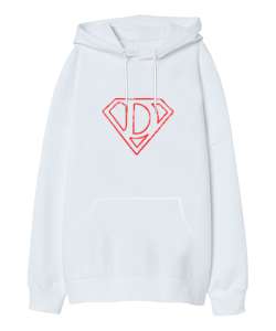 Supermen Logo D Harfi Beyaz Oversize Unisex Kapüşonlu Sweatshirt