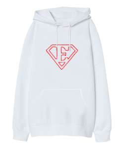 Supermen Logo E Harfi Beyaz Oversize Unisex Kapüşonlu Sweatshirt