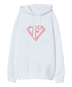 Supermen Logo F Harfi Beyaz Oversize Unisex Kapüşonlu Sweatshirt