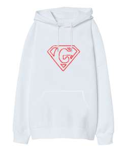 Supermen Logo G Harfi Beyaz Oversize Unisex Kapüşonlu Sweatshirt