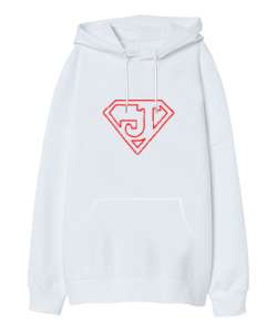 Supermen Logo J Harfi Beyaz Oversize Unisex Kapüşonlu Sweatshirt