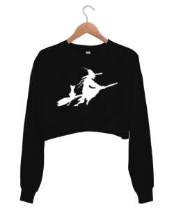 Süpürgeli Cadı Siyah Kadın Crop Sweatshirt