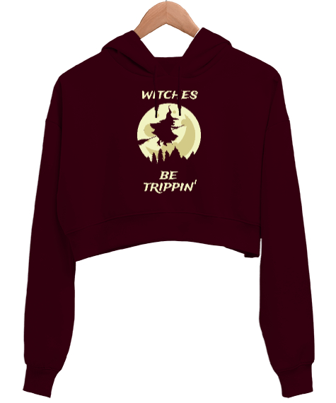 Tisho - Süpürgeli Çıldırmış Cadı Bordo Kadın Crop Hoodie Kapüşonlu Sweatshirt