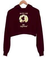 Süpürgeli Çıldırmış Cadı Bordo Kadın Crop Hoodie Kapüşonlu Sweatshirt - Thumbnail