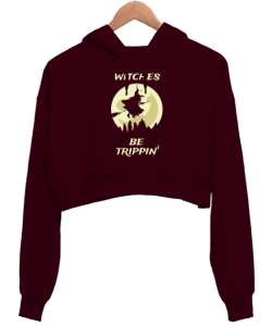 Süpürgeli Çıldırmış Cadı Bordo Kadın Crop Hoodie Kapüşonlu Sweatshirt