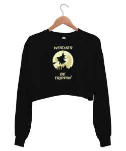 Süpürgeli Çıldırmış Cadı Siyah Kadın Crop Sweatshirt