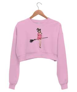 Süpürgeli Modern Cadı Pembe Kadın Crop Sweatshirt