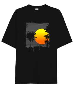 Surfing Session - Palmiyeler ve Akşam Güneşi Siyah Oversize Unisex Tişört