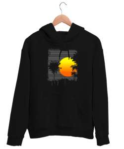 Surfing Session - Palmiyeler ve Akşam Güneşi Siyah Unisex Kapşonlu Sweatshirt