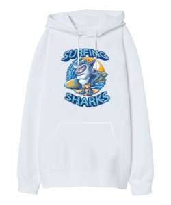 Surfing Sharks - Sörf Beyaz Oversize Unisex Kapüşonlu Sweatshirt