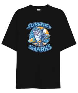 Surfing Sharks - Sörf Siyah Oversize Unisex Tişört