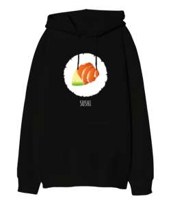 Sushi Siyah Oversize Unisex Kapüşonlu Sweatshirt