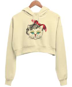 Süslü Kedi - Cat Krem Kadın Crop Hoodie Kapüşonlu Sweatshirt