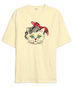 Süslü Kedi - Cat Krem Oversize Unisex Tişört