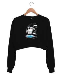 Suya Atlayan Eğlenen Kutup Ayısı Siyah Kadın Crop Sweatshirt