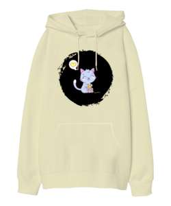 Sweet Cat - Şirin Kedi Krem Oversize Unisex Kapüşonlu Sweatshirt