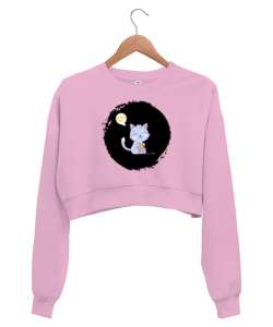 Sweet Cat - Şirin Kedi Pembe Kadın Crop Sweatshirt