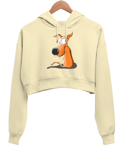 Sweet Dog - Sevimli Köpek Krem Kadın Crop Hoodie Kapüşonlu Sweatshirt