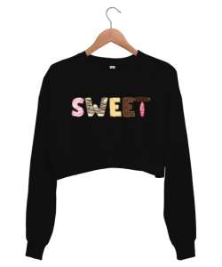 Sweet Donut Siyah Kadın Crop Sweatshirt