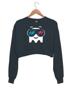 Sweet Ghost - Sevimli Hayalet Füme Kadın Crop Sweatshirt