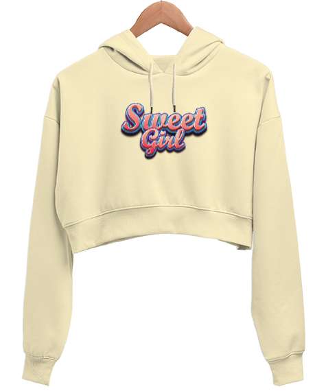 Tisho - Sweet Girl - Tatlı - Şirin Krem Kadın Crop Hoodie Kapüşonlu Sweatshirt