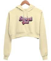 Sweet Girl - Tatlı - Şirin Krem Kadın Crop Hoodie Kapüşonlu Sweatshirt - Thumbnail