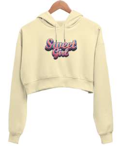 Sweet Girl - Tatlı - Şirin Krem Kadın Crop Hoodie Kapüşonlu Sweatshirt