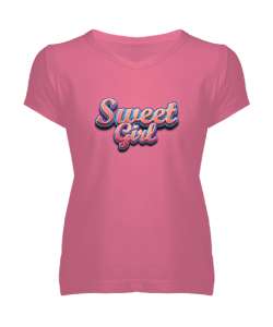 Sweet Girl - Tatlı - Şirin Pembe Kadın V Yaka Tişört