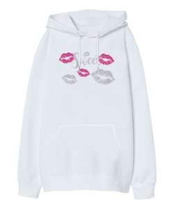 Sweet Lips - Dudaklar Beyaz Oversize Unisex Kapüşonlu Sweatshirt