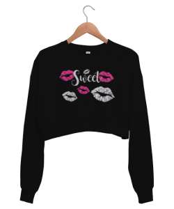 Sweet Lips - Dudaklar Siyah Kadın Crop Sweatshirt