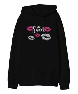 Sweet Lips - Dudaklar Siyah Oversize Unisex Kapüşonlu Sweatshirt