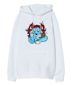 Sweet Monster - Sevimli Canavar Beyaz Oversize Unisex Kapüşonlu Sweatshirt