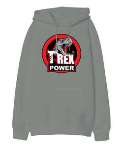 T-Rex Power Gri Oversize Unisex Kapüşonlu Sweatshirt