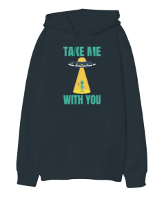 Take Me With You Alien Baskılı Füme Oversize Unisex Kapüşonlu Sweatshirt