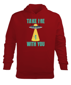 Take Me With You Alien Baskılı Kırmızı Erkek Kapüşonlu Hoodie Sweatshirt