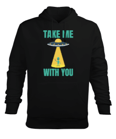 Take Me With You Alien Baskılı Siyah Erkek Kapüşonlu Hoodie Sweatshirt