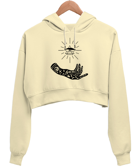 Tisho - Tarot - Mistik Göz ve El Krem Kadın Crop Hoodie Kapüşonlu Sweatshirt