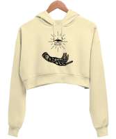 Tarot - Mistik Göz ve El Krem Kadın Crop Hoodie Kapüşonlu Sweatshirt - Thumbnail