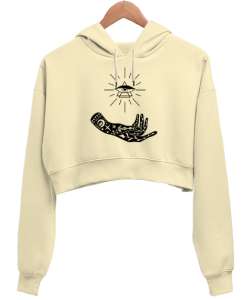 Tarot - Mistik Göz ve El Krem Kadın Crop Hoodie Kapüşonlu Sweatshirt