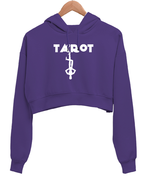 Tisho - Tarot - Ters Asılı Kukla Mor Kadın Crop Hoodie Kapüşonlu Sweatshirt