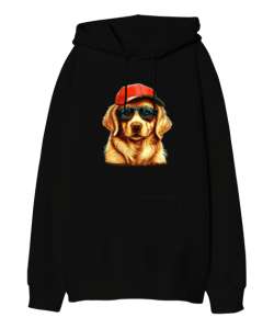 Tarz golden köpek baskılı Siyah Oversize Unisex Kapüşonlu Sweatshirt