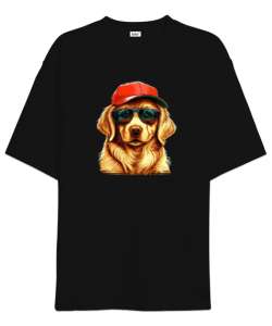 Tarz golden köpek baskılı Siyah Oversize Unisex Tişört