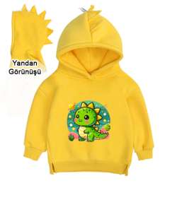 Tatlı Dino Sarı Çocuk Dinozor Kapşonlu Hoodie