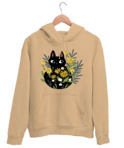 Tatlı Kara Kedi Çiçekli Camel Unisex Kapşonlu Sweatshirt