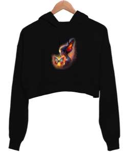 Tatlı kelebek ve kız Siyah Kadın Crop Hoodie Kapüşonlu Sweatshirt