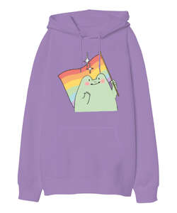 Tatlı Kurbağa Frog Lila Oversize Unisex Kapüşonlu Sweatshirt