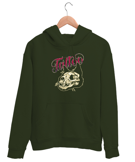 Tisho - Tattoo Skul - Dövme Kafatası Haki Yeşili Unisex Kapşonlu Sweatshirt