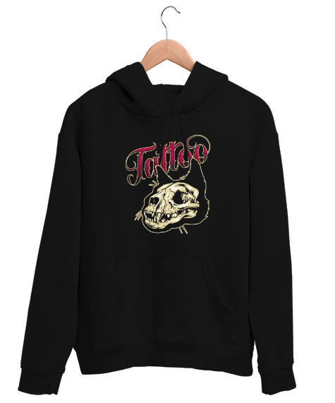 Tisho - Tattoo Skul - Dövme Kafatası Siyah Unisex Kapşonlu Sweatshirt