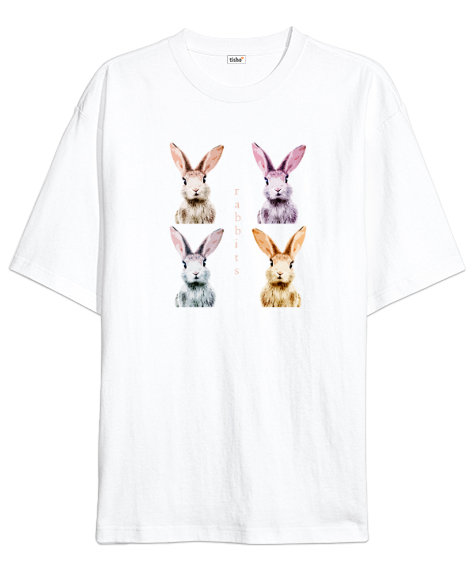 Tisho - Tavşanlar - Rabbits Beyaz Oversize Unisex Tişört