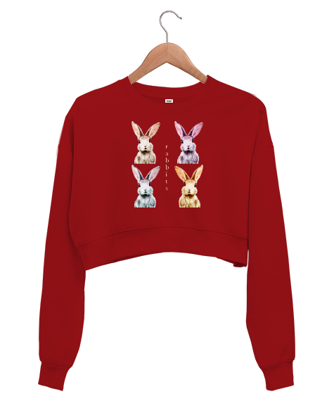 Tisho - Tavşanlar - Rabbits Kırmızı Kadın Crop Sweatshirt